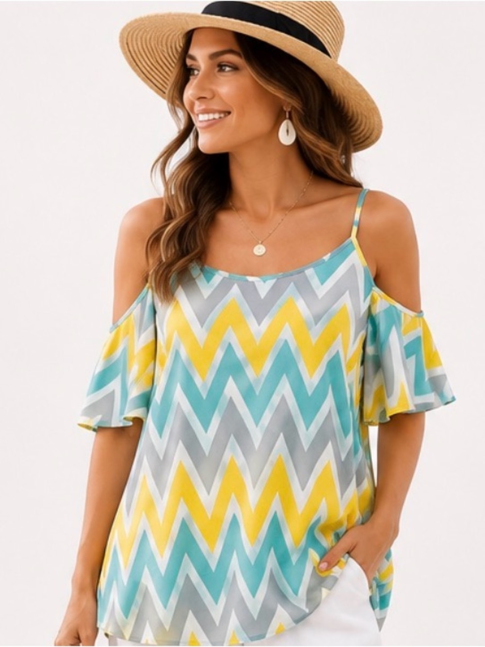 Tacera Chevron Cold Shoulder Tunic Top – Resort Ready Pop Colour